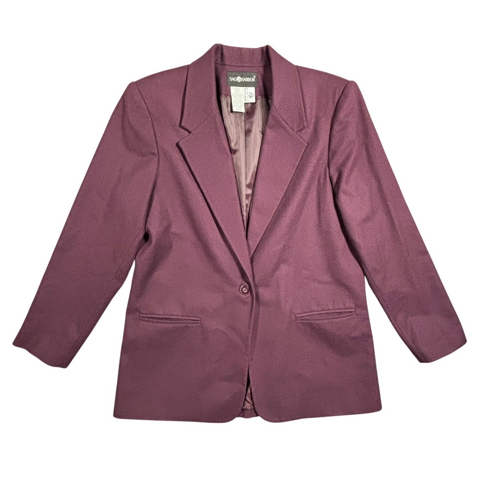Sag Harbor Womens Plum Wool Blend Blazer‎ Size 14 Single Button Lapel Collar